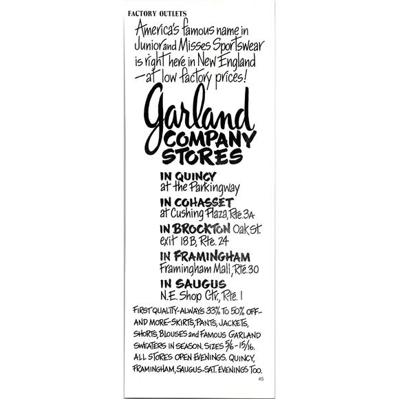None and/or Unknown Other - Garland Company Stores Quincy MA 1979 Norfolk County Ad SAJ7-2